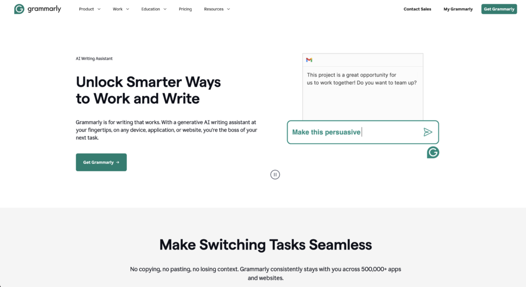 landing page for Grammarly. An AI tool with a generative AI writing assistant